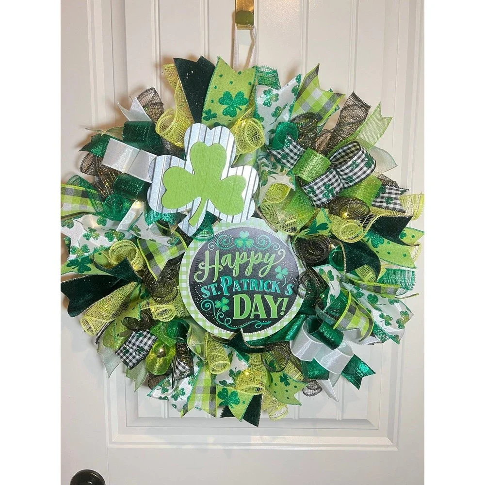 Handmade Happy St. Patrick’s Day Ribbon Prelit Wreath 22 ins LED W8